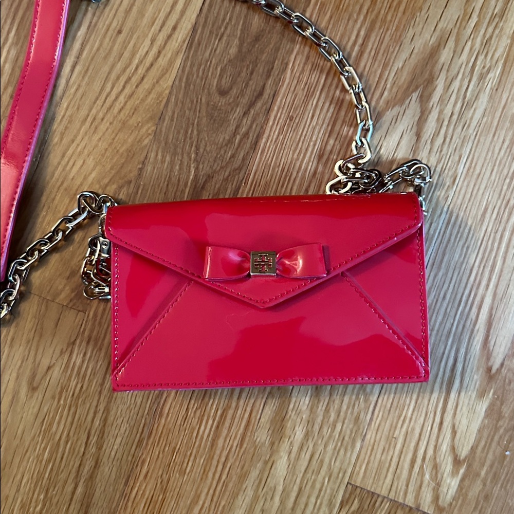 Tory Burch Bow Envelope Cross Body Chain Mini Bag Red Patent Leather